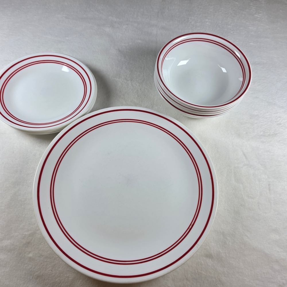 Corelle Hot Dots Dinnerware Set White with Red Bands Plates and Bowls 15 Piece